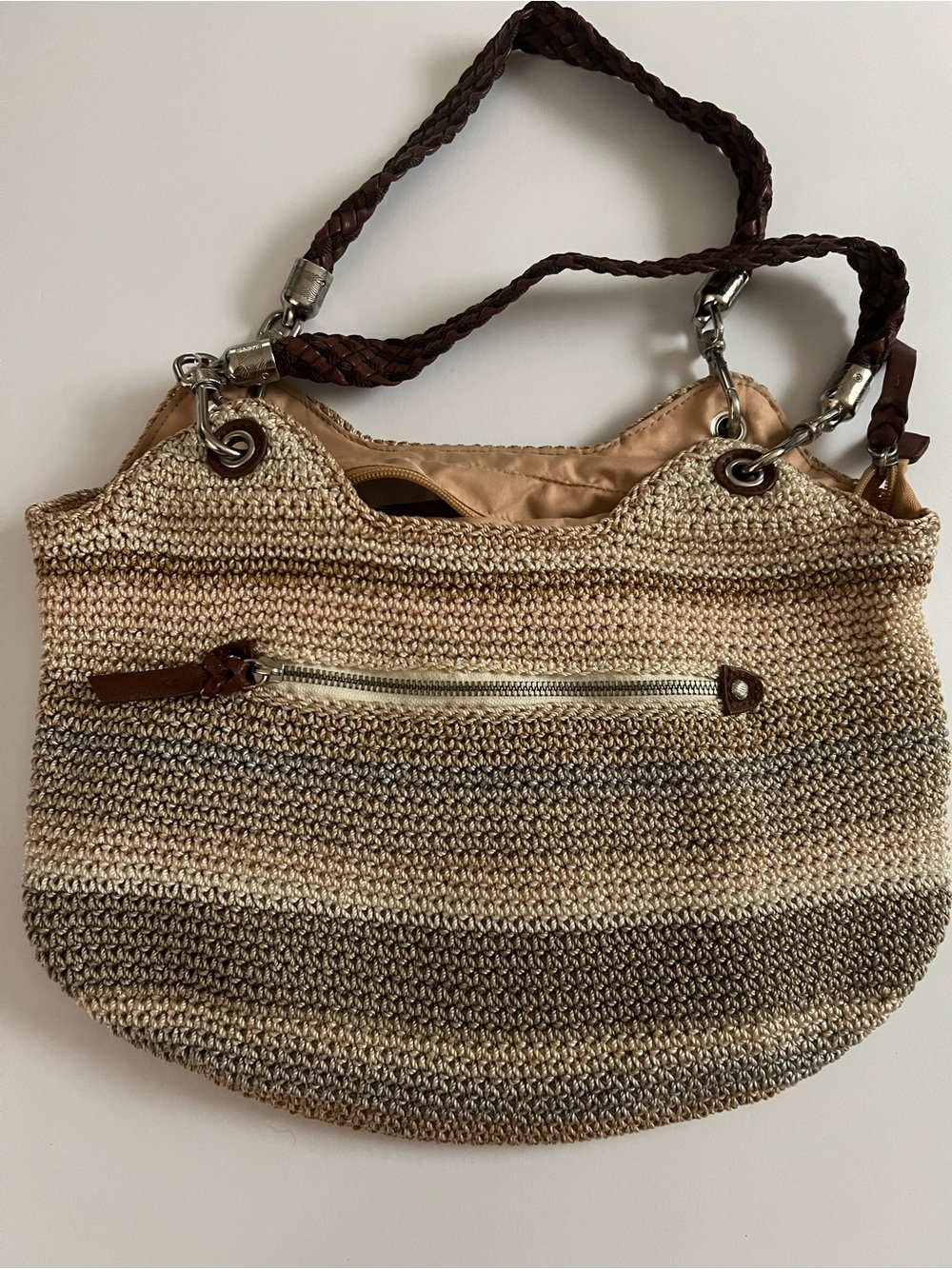 Le Sac Woven Tote Bag with Braided Handles - Beige and Brown
